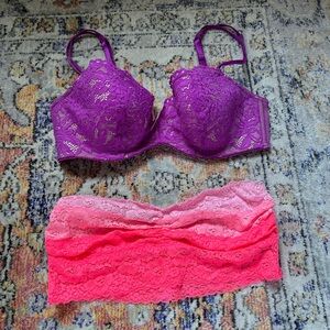 Lot of 34D b.tempted Pink Lace Bra and Victoria’s Secret Pink Bralette Size M